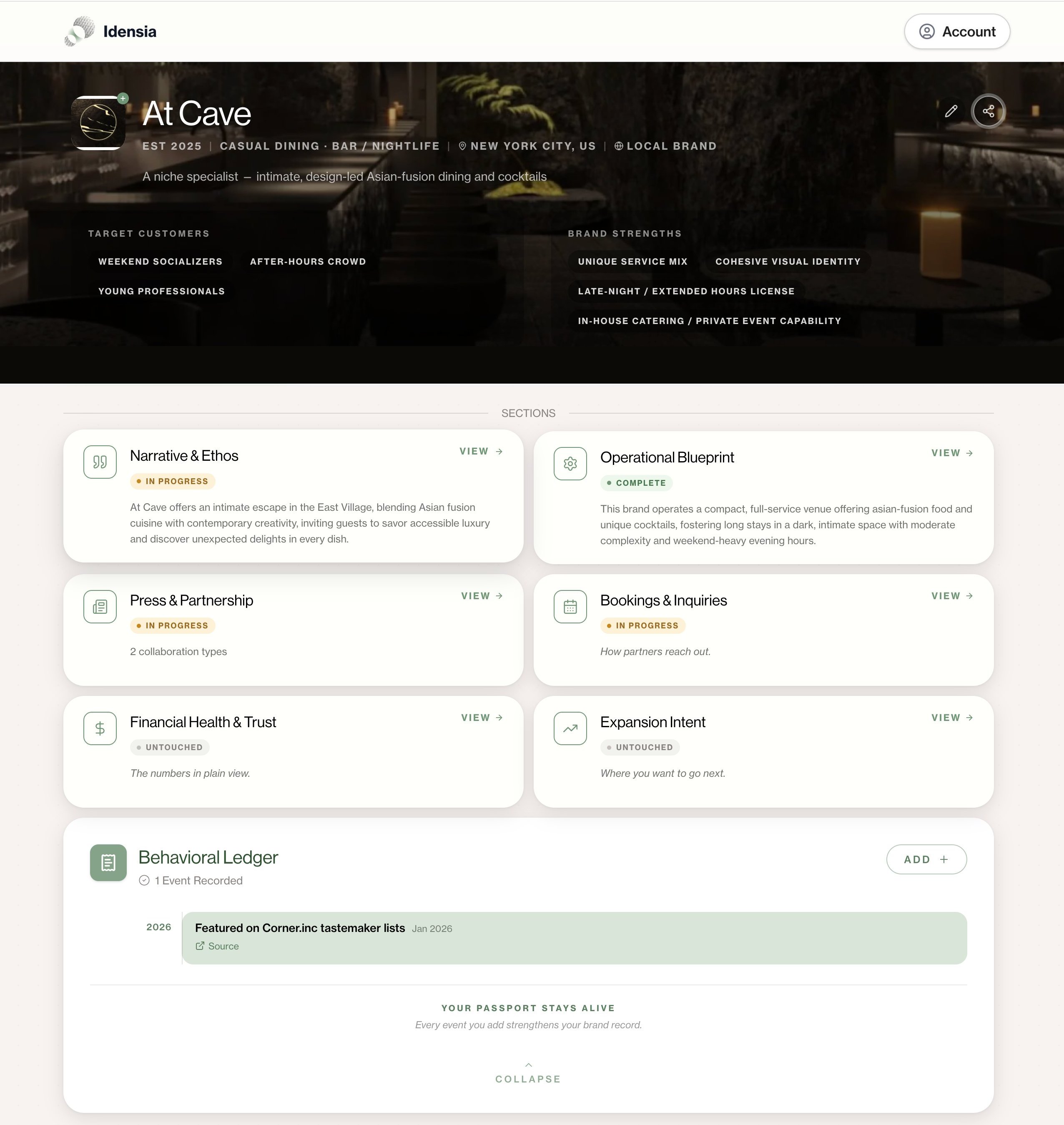 At Cave passport dashboard